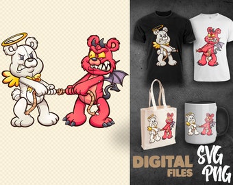 Angel and devil teddy bears in a tug of war SVG PNG | DTG Printing | Instant download | T-shirt Sublimation Digital File Download