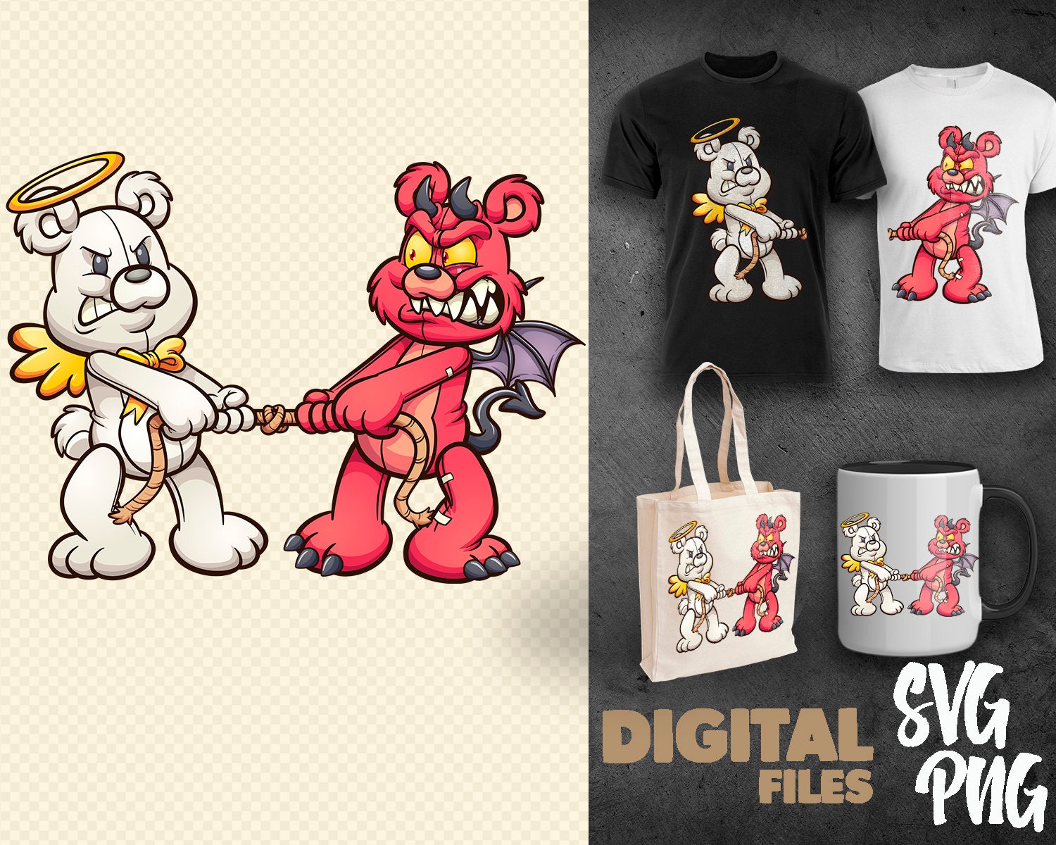 Angel and Devil Teddy Bears in a Tug of War SVG PNG DTG Printing ...