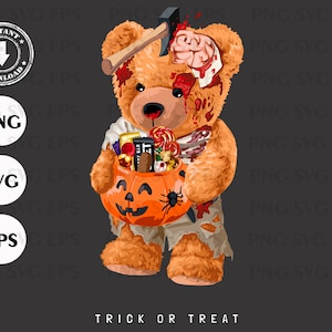 Zombie bear doll holding candy bucket svg png eps  | Halloween svg png eps | DTG Printing | Instant download | T-shirt Sublimation