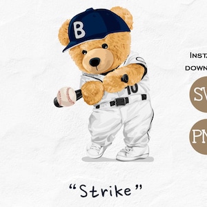 Teddy bear plays baseball SVG PNG | DTG Printing | Instant download | T-shirt Sublimation Digital File Download