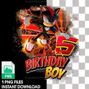 May include: A digital illustration of a black and red cartoon character with a red number 5 and the text "Birthday Boy" in a red and yellow comic book style font.