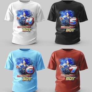 May include: Four different t-shirts featuring Sonic the Hedgehog. Each shirt has a different number on it, from 4 to 7, and the text "Birthday Boy". The shirts are white, black, light blue, and red.