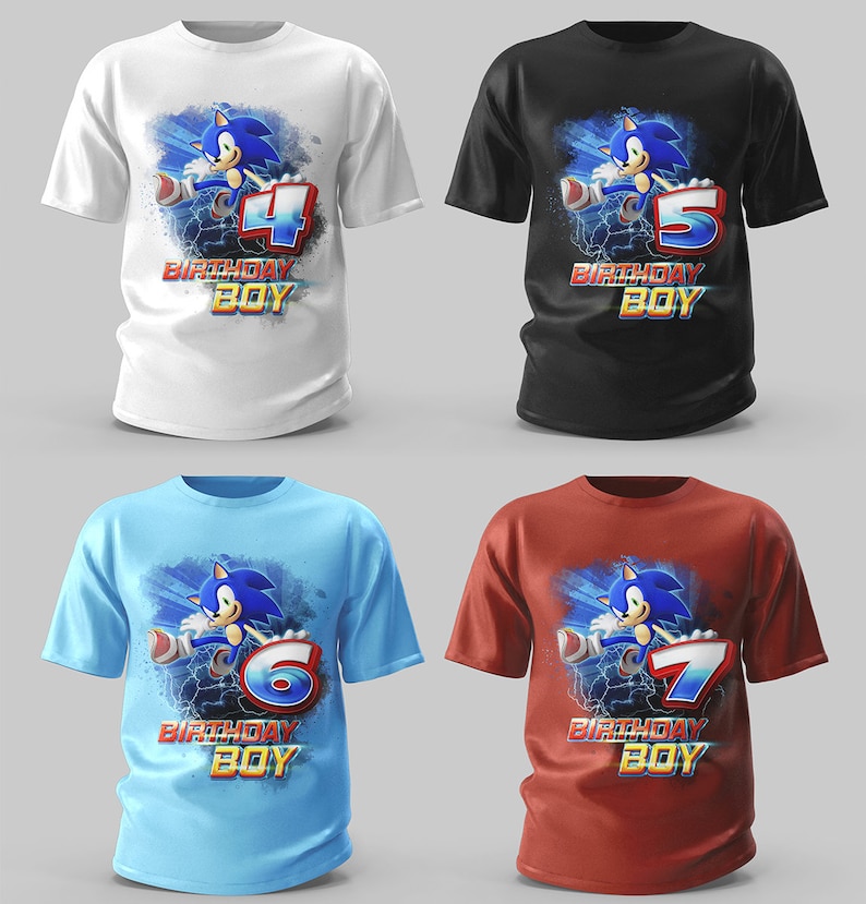 May include: Four different t-shirts featuring Sonic the Hedgehog. Each shirt has a different number on it, from 4 to 7, and the text "Birthday Boy". The shirts are white, black, light blue, and red.