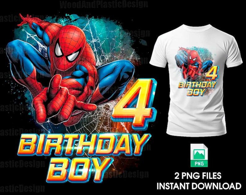 May include: A digital download of two PNG files featuring a superhero character in a red and blue suit with a spider design. The character is holding a large number 4. The text "Birthday Boy" is in a yellow and orange font.