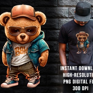 May include: A brown teddy bear wearing a blue denim jacket, a brown baseball cap, and sunglasses. The bear is standing on a white background and has a white t-shirt with the text "BBK" printed on it.