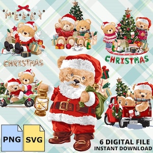 Könnte beinhalten: Eine digitale Datei mit Illustrationen von Teddybären in Weihnachtsmann-Outfits, Weihnachtsbäumen und Geschenken. Das Bild enthält die Wörter "Merry Christmas" und "6 DIGITAL FILE INSTANT DOWNLOAD" in einem festlichen Design.