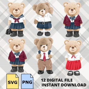 May include: A digital illustration featuring six teddy bears in school uniforms. The bears are in various outfits, including sailor-style uniforms, blazers, and pleated skirts. The background is a gray and white plaid pattern. The image also includes SVG and PNG file icons and text that reads "12 DIGITAL FILE INSTANT DOWNLOAD."