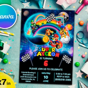 Super Mario Kart Rainbow Road, Geburtstagseinladung, bearbeitbar in Canva Printable Download Geburtstagseinladung Partyeinladung.