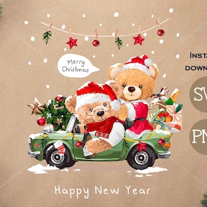 Cartolina di Natale con simpatico accoppiatore per bambola orsa SVG PNG / DTG Stampa / Download istantaneo / T-shirt Sublimazione Digital File Download