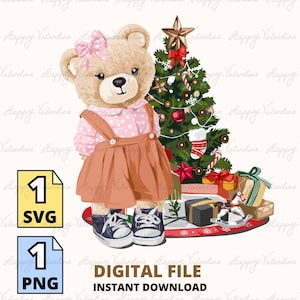 May include: A digital file illustration featuring a teddy bear wearing a pink polka-dot dress and overalls, standing next to a decorated Christmas tree. The bear has a pink bow and blue sneakers. The words "DIGITAL FILE" and "INSTANT DOWNLOAD" are displayed.
