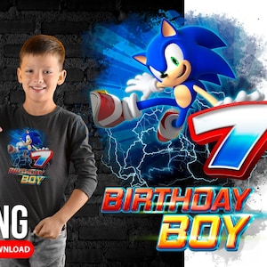 May include: A blue and red graphic design featuring Sonic the Hedgehog, a video game character, running with a large number 7. The design says "Birthday Boy" in a bold font.
