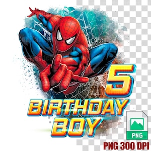 以下が含まれることがあります： 赤いスーツを着たスパイダーマンのデジタルイラストで、背景はウェブデザインになっています。テキスト「Birthday Boy」と数字「5」は、金色の輪郭で黄色になっています。画像は、300 DPIの解像度を持つPNGファイルです。