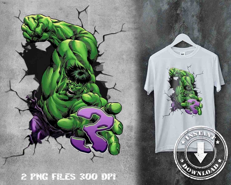 May include: Green Hulk character breaking through a cracked concrete wall with a purple number 2 in the foreground.  The image is on a white t-shirt.