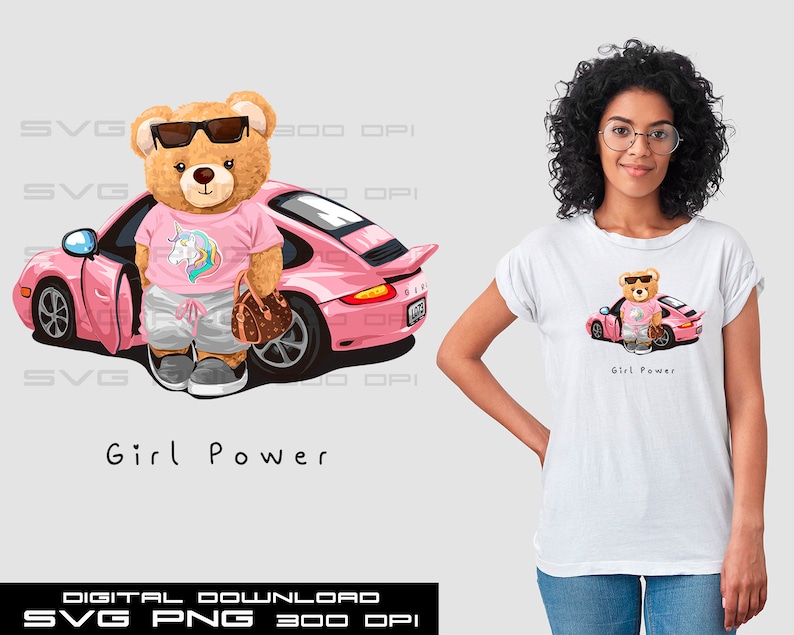 May include: A pink teddy bear wearing sunglasses and a pink shirt with a unicorn graphic stands next to a pink sports car. The car has a black interior and black wheels. The teddy bear is holding a brown purse. The text "Girl Power" is written below the image.