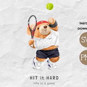Teddy bear playing tennis SVG PNG | DTG Printing | Instant download | T-shirt Sublimation Digital File Download