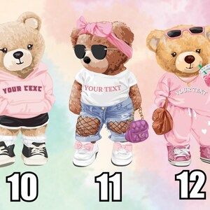 May include: Three cartoon teddy bears wearing fashionable outfits. One bear is in a pink hoodie and shorts, another in a white tee and ripped jeans, and the third in a pink sweatsuit. Each bear has sunglasses and accessories.