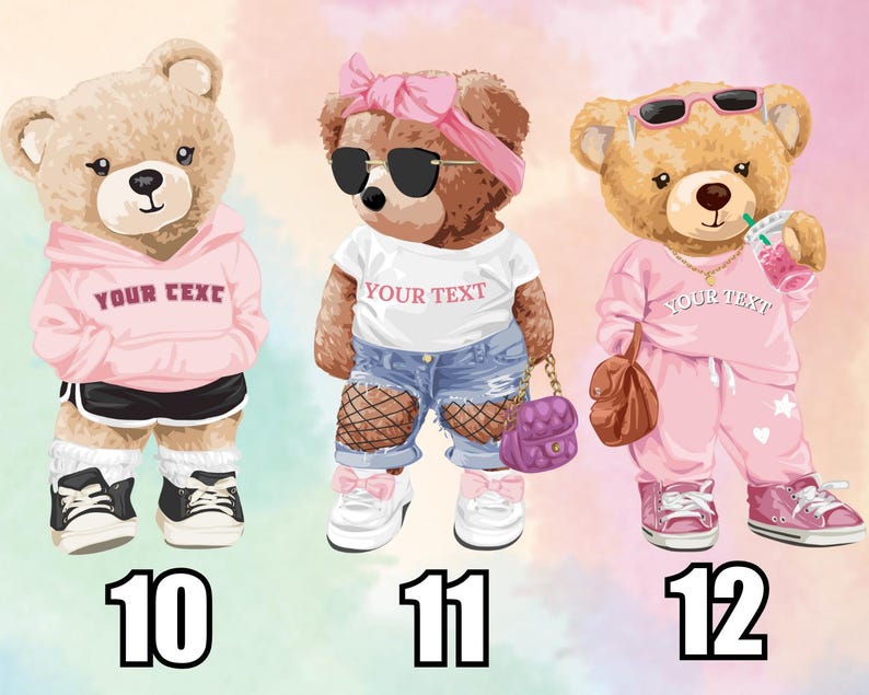 May include: Three cartoon teddy bears wearing fashionable outfits. One bear is in a pink hoodie and shorts, another in a white tee and ripped jeans, and the third in a pink sweatsuit. Each bear has sunglasses and accessories.