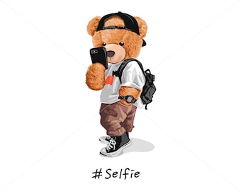 Teddy bear taking a selfie on the phone SVG PNG | DTG Printing | Instant download | T-shirt Sublimation Digital File Download