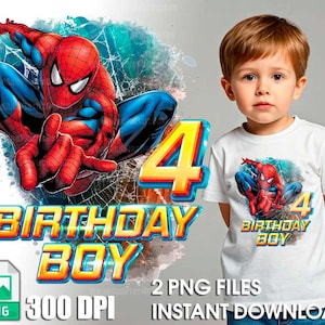 May include: A digital graphic design featuring a red and blue Spiderman character with the text "Birthday Boy" and the number "4" in a red and yellow color scheme.