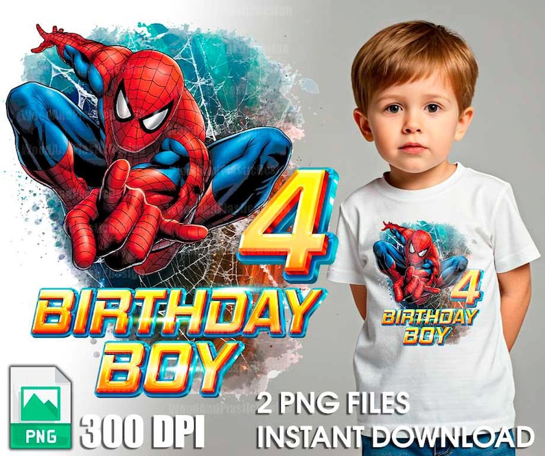 May include: A digital graphic design featuring a red and blue Spiderman character with the text "Birthday Boy" and the number "4" in a red and yellow color scheme.