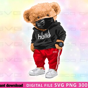 May include: A brown teddy bear wearing a black hoodie with the word "hello" printed on it. The bear is also wearing a black face mask, red pants with white stripes, and a watch on its wrist.