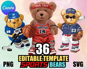 36 editable templates in CANVA, Sports Bears Png SVG PDF, T-shirt design sublimation design