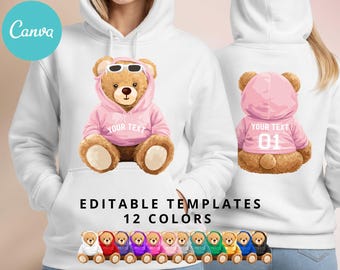 Editable Teddy Bear Hoodie Template, Canva Bear Sweatshirt Design, Personalized Bear PNG, Front and Back Hoodie Mockup, 12 Colors