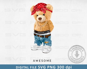Cool björn SVG PNG | DTG-utskrift | Direkt nedladdning | Nedladdning av digital fil för sublimering av t-shirt