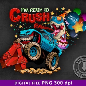 T-rex and Monster Truck 4th birthday boy | Instant download PNG | T-shirt Sublimation Digital File Download