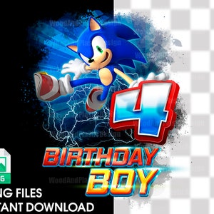 Może przedstawiać: Cyfrowa ilustracja Sonica the Hedgehog'a biegnącego z czerwoną cyfrą cztery i słowami "Birthday Boy" w kolorowym, kreskówkowym stylu.