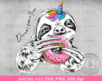 Sloth unicorn with donut SVG PNG | DTG Printing | Instant download | T-shirt Sublimation Digital File Download