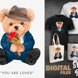 Cartão de dia dos namorados fofo com boneco de urso PNG SVG | Impressão DTG | Download instantâneo | Download de arquivo digital de sublimação de camisetas
