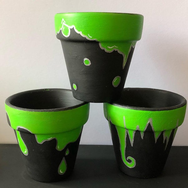 Spooky Neon Green Hand Painted Mini Indoor Flower Pots With Stand