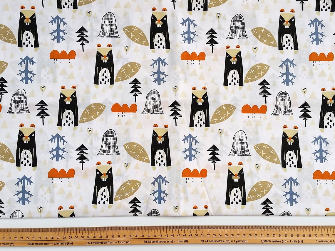 100 Cotton Fabric Woodland Beavers Print Fabric Etsy