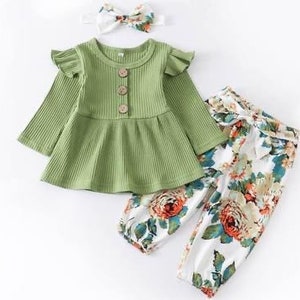 Baby Girl Clothing outfit 3pcs Set Newborn Baby Girl Cloth Set Green Tops Floral Print Pants and Headband