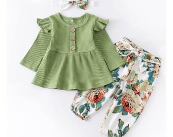 Baby Girl Clothing outfit 3pcs Set Newborn Baby Girl Cloth Set Green Tops Floral Print Pants and Headband