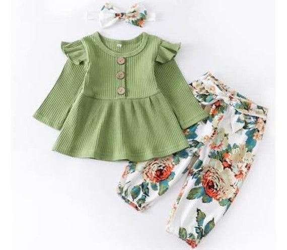 3pcs Baby Girl Red Rose Floral Print Long-sleeve Romper with Solid Trousers and Lace Headband Set