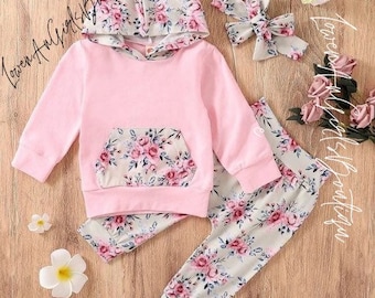 Baby Girl Clothes Outfit 3pcs Set Floral Hoodie,Pants W/Headband Baby Girl outfit Gift Set