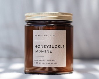 Honeysuckle Jasmine Soy Candle, Floral Scent, Amber Jar