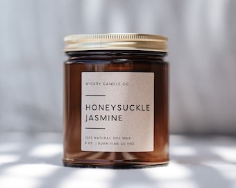 Honeysuckle Jasmine Soy Candle, Amber Jar Candle, Summer Candle, Spring Floral Candle, Gardenia Candle, Women’s Gift, Wedding Candle Favors