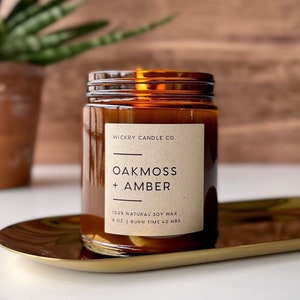 Oakmoss + Amber Soy Candle, 8 oz Earthy Herbal Candle, Gift for Him, Masculine Candle, Nontoxic Vegan Candle, Citrus Sage Home Fragrance