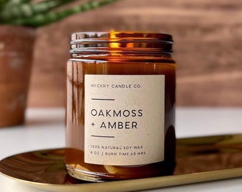 Oakmoss Amber Soy Candle, Earthy Citrus Sage, 8 oz Candle