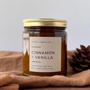 Cinnamon and Vanilla Soy Candle, Cozy Fall Decor, Fall Autumn Candle, Amber Jar Candle, Handmade Candle Gift, Gift for Her