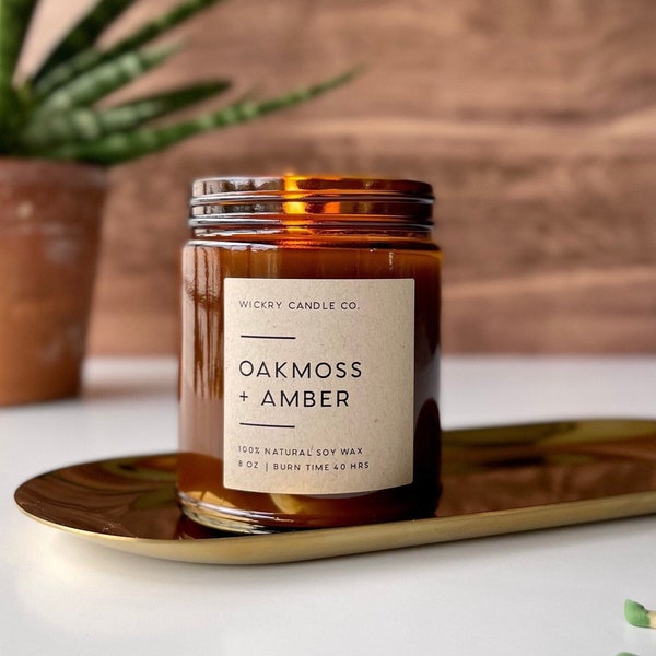 Oakmoss + Amber Soy Candle, 8 oz Candle, Gift for Him, Masculine Candle, Nontoxic Vegan Candle