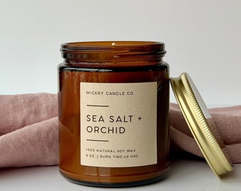 Sea Salt + Orchid Soy Candle, 8 oz Amber Jar Candle, Wedding Favor Candles, Spa Candle in Jar, Non Toxic Candle, Summertime Beach Candle