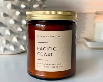 Pacific Coast Soy Candle, Handmade Candle, Amber Candle in Jar, California Ocean Candle, Linen Sea Salt Candle, Eco-friendly Packaging