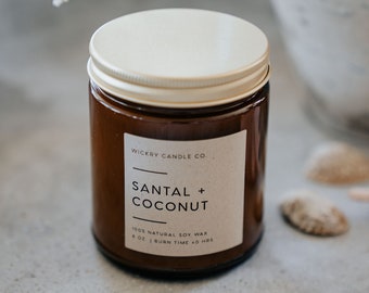 Santal + Coconut Soy Candle, 8 oz Amber Jar Candle, Sandalwood Candle, Home Gift, Gift for Her, Gift for Women, Vegan Candle Gift