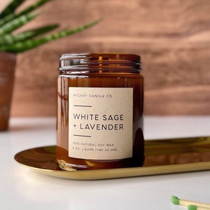 White Sage + Lavender Soy Candle, 8 oz Scented Candle, Home Gift for Her, Aromatherapy Stress Relief Candle, Gift for Gardener, Nontoxic