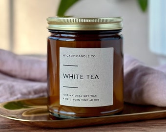 White Tea Soy Candle: 8 oz Amber Jar, Floral Spa Scent