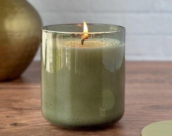 Olive Green Bubble Glass Candle, 9 oz Handmade Soy Candle with Gold Lid